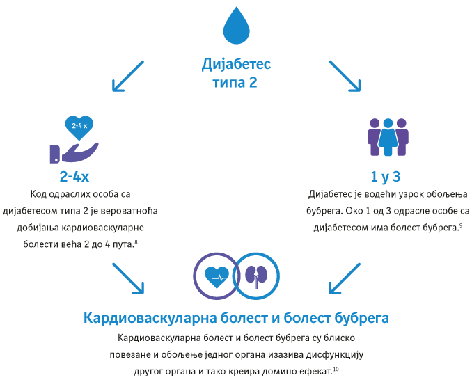 Илустрација статистичких података који показују међусобну повезаност дијабетеса типа 2 и кардиоваскуларне болести и болести бубрега. Act4Diabetes